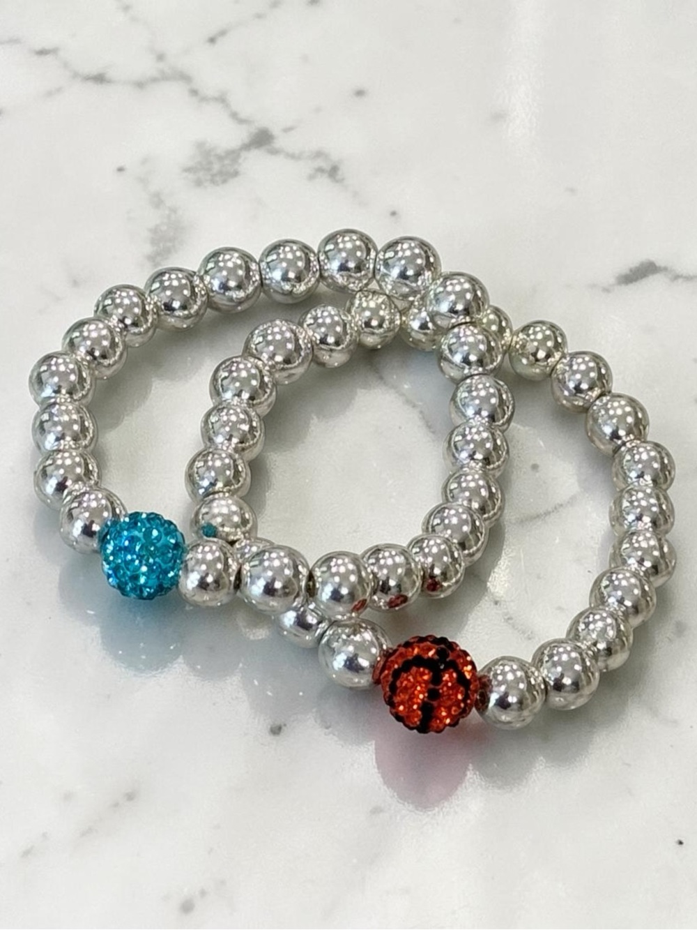Hand Crafted OKC Thunder Sterling Silver and Crystal Ball Beaded Bracelet Set